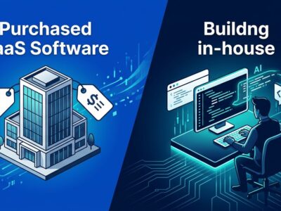 Split illustration showing enterprise SaaS purchase path versus in-house AI-assisted development path