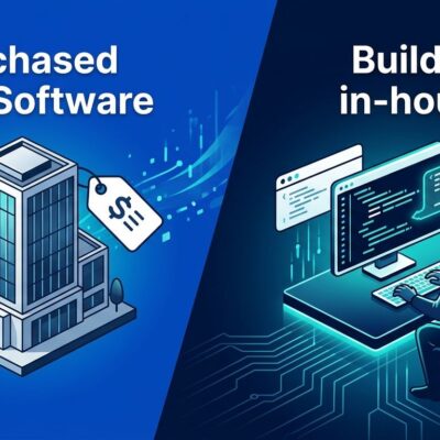 Split illustration showing enterprise SaaS purchase path versus in-house AI-assisted development path
