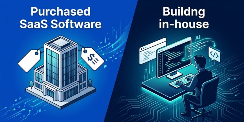 Split illustration showing enterprise SaaS purchase path versus in-house AI-assisted development path