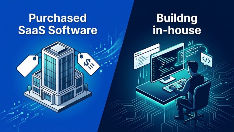 Split illustration showing enterprise SaaS purchase path versus in-house AI-assisted development path