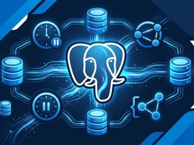 PostgreSQL 19 elephant logo with database cylinders, graph nodes, and time-range brackets on a dark navy background representing REPACK, temporal tables, and property graphs