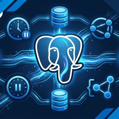 PostgreSQL 19 elephant logo with database cylinders, graph nodes, and time-range brackets on a dark navy background representing REPACK, temporal tables, and property graphs