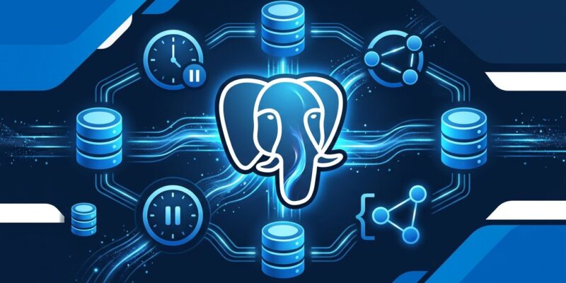 PostgreSQL 19 elephant logo with database cylinders, graph nodes, and time-range brackets on a dark navy background representing REPACK, temporal tables, and property graphs