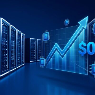 Illuminated server racks in a data center with blue holographic GPU chip icons representing Nscale IPO and AI compute infrastructure