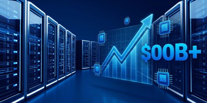 Illuminated server racks in a data center with blue holographic GPU chip icons representing Nscale IPO and AI compute infrastructure