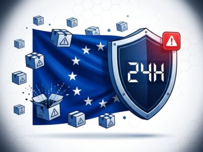 EU flag with digital security shield and 24-hour countdown representing CRA vulnerability reporting deadline