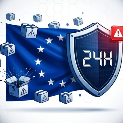 EU flag with digital security shield and 24-hour countdown representing CRA vulnerability reporting deadline