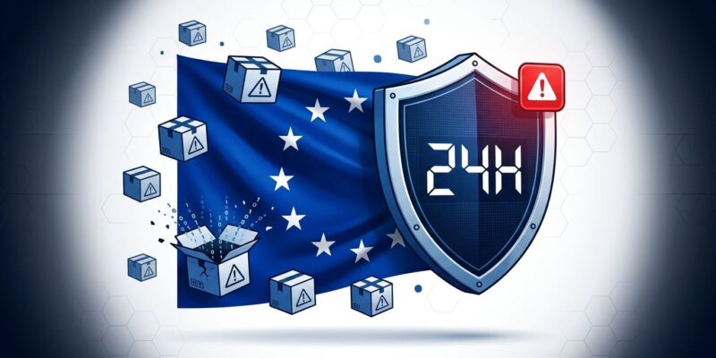 EU flag with digital security shield and 24-hour countdown representing CRA vulnerability reporting deadline