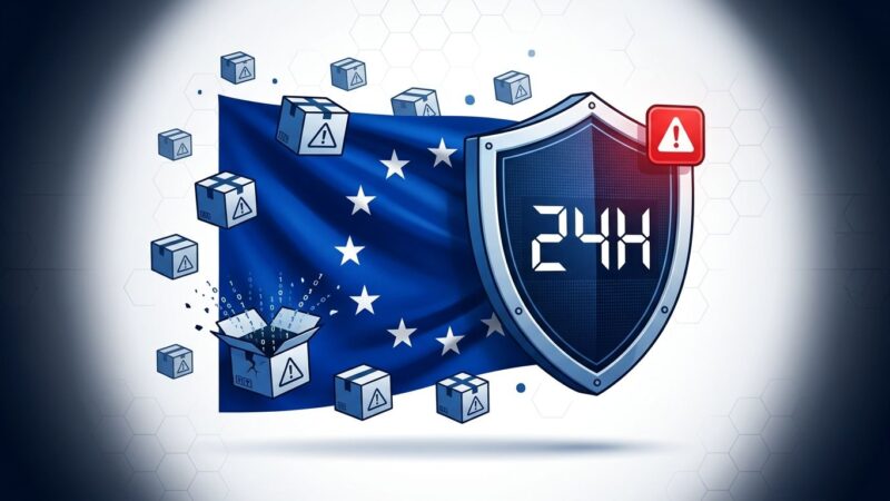 EU flag with digital security shield and 24-hour countdown representing CRA vulnerability reporting deadline