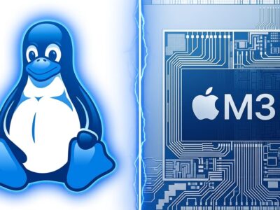 Split-screen illustration of Tux penguin and Apple M3 chip, representing Asahi Linux M3 Mac support