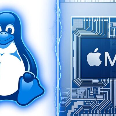 Split-screen illustration of Tux penguin and Apple M3 chip, representing Asahi Linux M3 Mac support