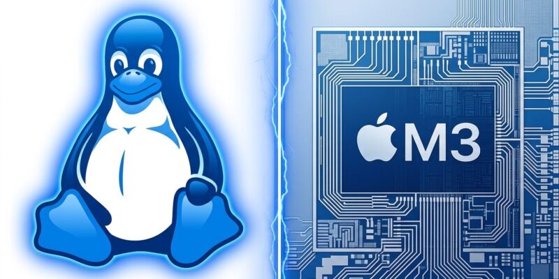 Split-screen illustration of Tux penguin and Apple M3 chip, representing Asahi Linux M3 Mac support