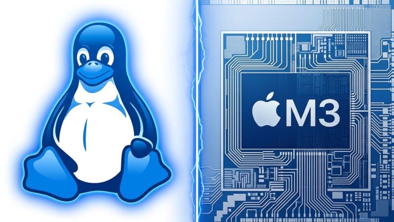 Split-screen illustration of Tux penguin and Apple M3 chip, representing Asahi Linux M3 Mac support