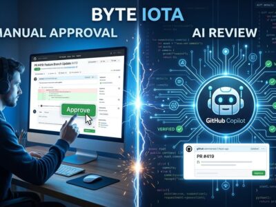 Split-screen showing a developer and GitHub Copilot bot both positioned to approve a pull request