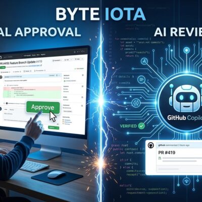 Split-screen showing a developer and GitHub Copilot bot both positioned to approve a pull request
