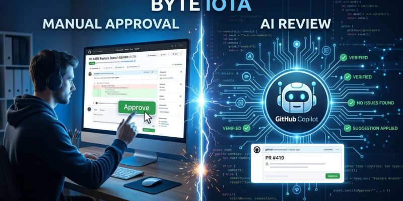 Split-screen showing a developer and GitHub Copilot bot both positioned to approve a pull request
