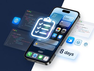 iPhone showing iOS 27 interface with Xcode code editor and developer checklist overlay