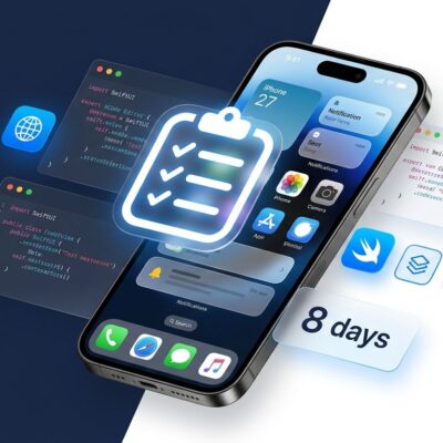 iPhone showing iOS 27 interface with Xcode code editor and developer checklist overlay