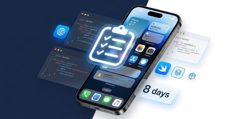 iPhone showing iOS 27 interface with Xcode code editor and developer checklist overlay