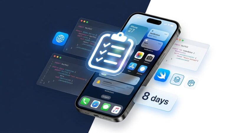 iPhone showing iOS 27 interface with Xcode code editor and developer checklist overlay