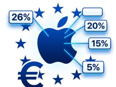 Apple logo with four tiered commission rate labels (26%, 20%, 15%, 5%) representing EU App Store fee structure effective October 1 2026