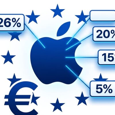 Apple logo with four tiered commission rate labels (26%, 20%, 15%, 5%) representing EU App Store fee structure effective October 1 2026