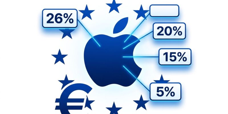 Apple logo with four tiered commission rate labels (26%, 20%, 15%, 5%) representing EU App Store fee structure effective October 1 2026