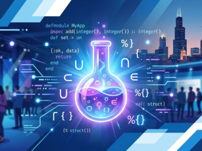 Elixir programming language type system concept with alchemist flask and set-theoretic symbols at ElixirConf 2026