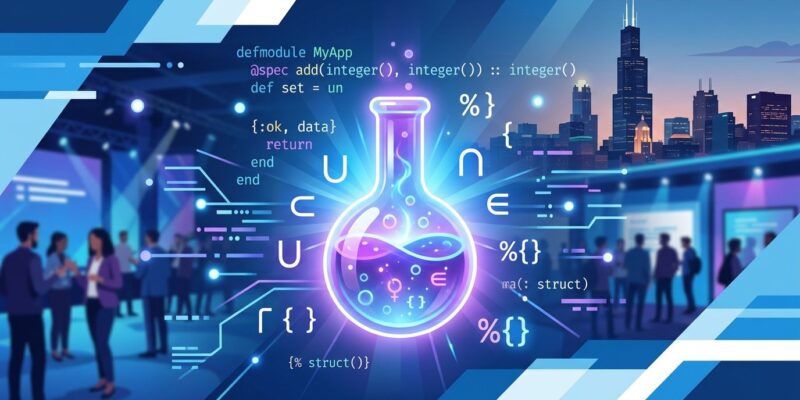 Elixir programming language type system concept with alchemist flask and set-theoretic symbols at ElixirConf 2026
