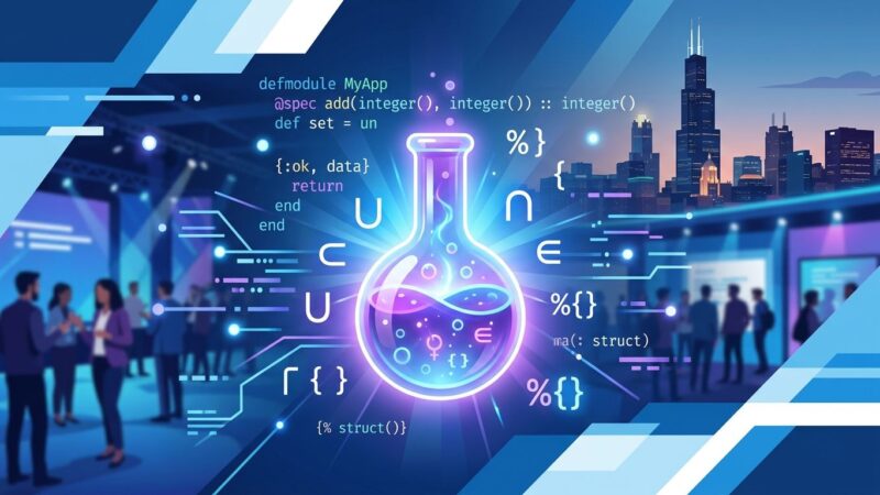 Elixir programming language type system concept with alchemist flask and set-theoretic symbols at ElixirConf 2026