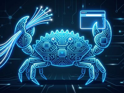 Rust crab mascot holding browser window and fiber optic cables on circuit board background representing Bun 1.4 runtime rewrite