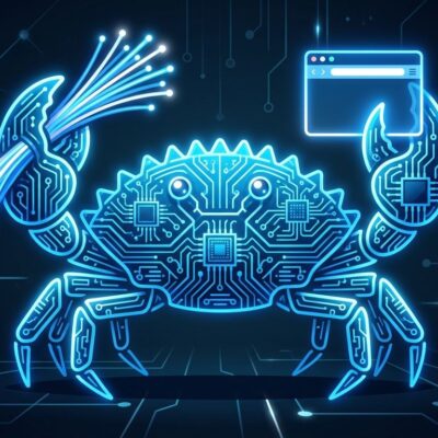 Rust crab mascot holding browser window and fiber optic cables on circuit board background representing Bun 1.4 runtime rewrite