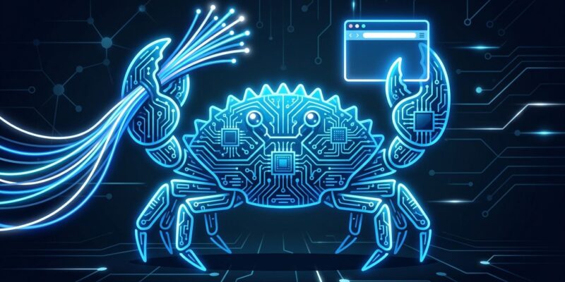 Rust crab mascot holding browser window and fiber optic cables on circuit board background representing Bun 1.4 runtime rewrite