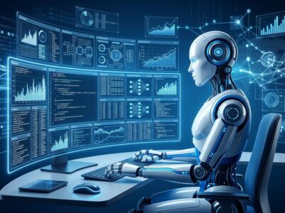 AI robotic intern at a digital workstation with multiple parallel agent workflows running simultaneously, representing OpenAI's 3.1 agent-workdays per human day milestone