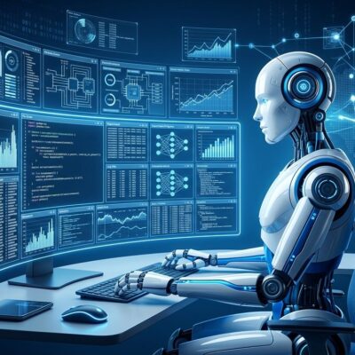 AI robotic intern at a digital workstation with multiple parallel agent workflows running simultaneously, representing OpenAI's 3.1 agent-workdays per human day milestone