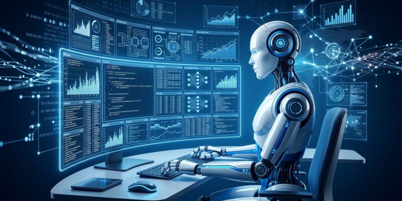 AI robotic intern at a digital workstation with multiple parallel agent workflows running simultaneously, representing OpenAI's 3.1 agent-workdays per human day milestone