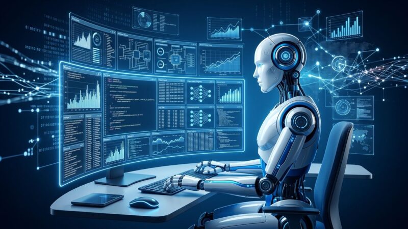 AI robotic intern at a digital workstation with multiple parallel agent workflows running simultaneously, representing OpenAI's 3.1 agent-workdays per human day milestone