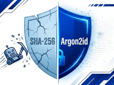 Split shield showing SHA-256 cracked on left and Argon2id solid blue on right representing Anubis bot protection WebAssembly upgrade