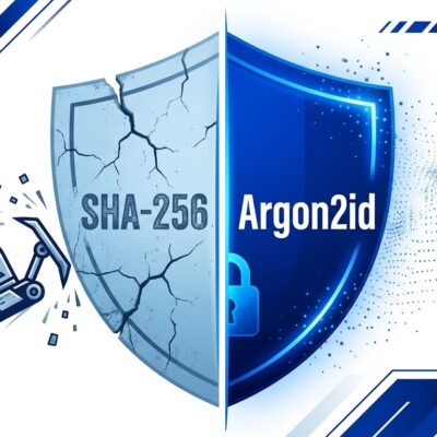 Split shield showing SHA-256 cracked on left and Argon2id solid blue on right representing Anubis bot protection WebAssembly upgrade