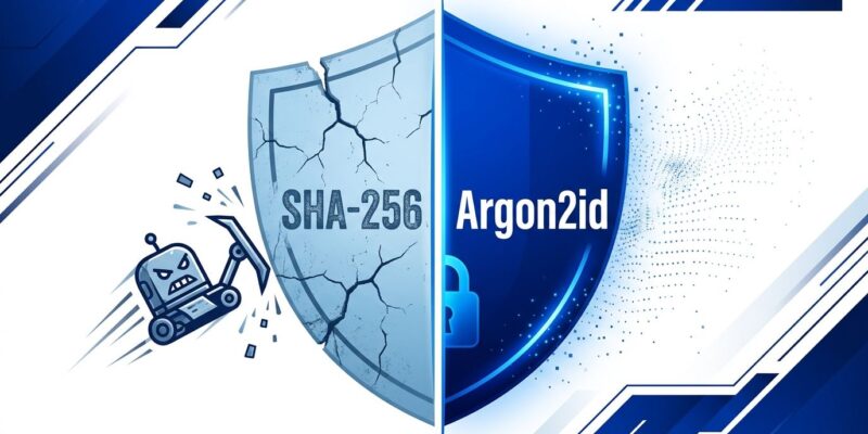 Split shield showing SHA-256 cracked on left and Argon2id solid blue on right representing Anubis bot protection WebAssembly upgrade