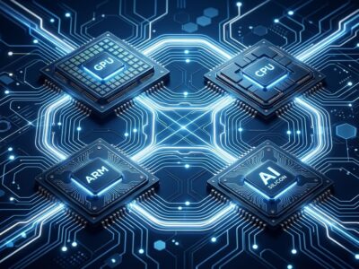 Abstract visualization of diverse chip architectures connected by data pathways representing multi-silicon AI inference orchestration
