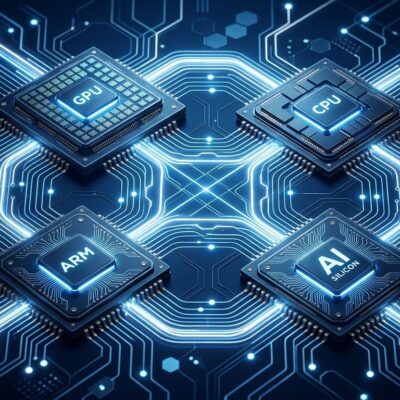 Abstract visualization of diverse chip architectures connected by data pathways representing multi-silicon AI inference orchestration