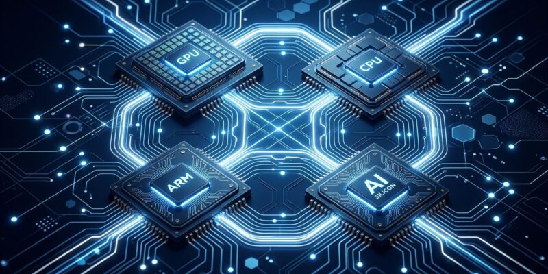 Abstract visualization of diverse chip architectures connected by data pathways representing multi-silicon AI inference orchestration