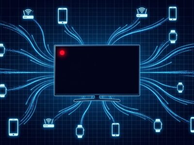 LG smart TV in standby mode with data streams flowing to connected home network devices