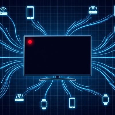 LG smart TV in standby mode with data streams flowing to connected home network devices