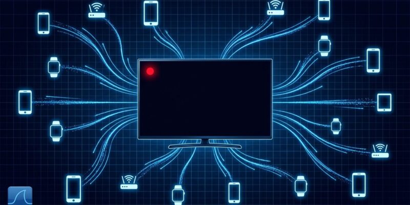 LG smart TV in standby mode with data streams flowing to connected home network devices