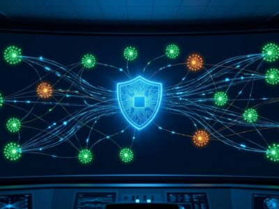 AI agent network graph with CrowdStrike Falcon Guardian shield protecting endpoints from shadow agents and MCP server attacks