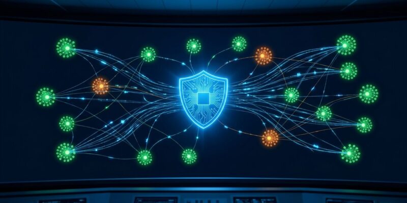 AI agent network graph with CrowdStrike Falcon Guardian shield protecting endpoints from shadow agents and MCP server attacks