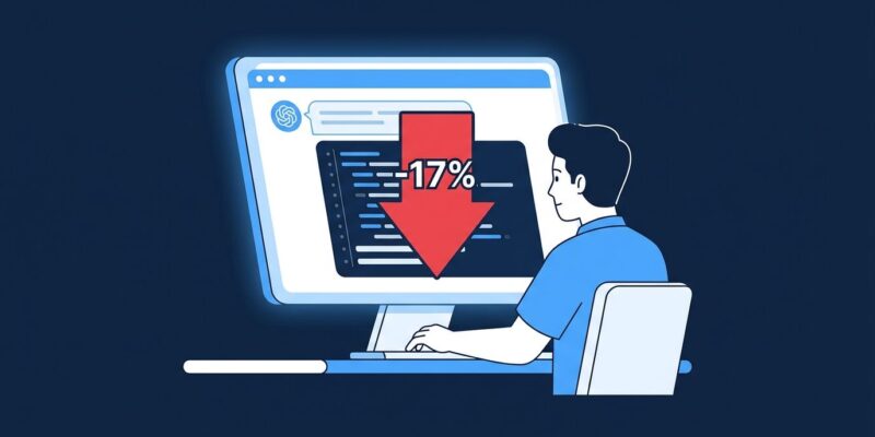 Developer looking at a screen showing a 17% downward arrow — Claude Code weekly limit reduction illustration