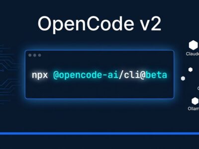 OpenCode v2 beta terminal showing npx command with provider constellation